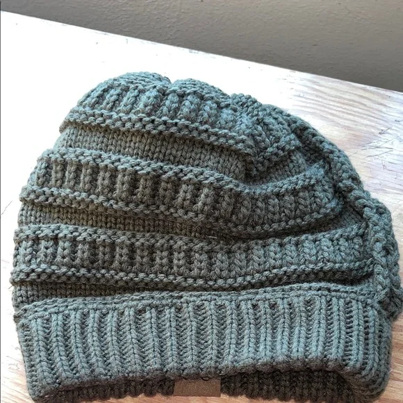 C.C Knit Beanie in Soft Green with Faux‎ Fur Pom - Picture 6 of 6